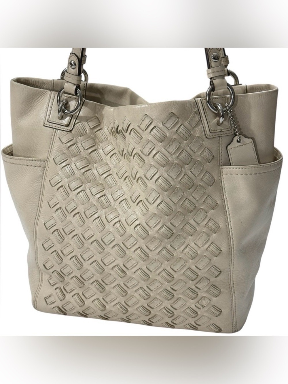 Coach Woven Leather Tote Cream North South Shoulder Bag F10798